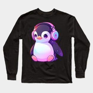 Cute Penguin With Headphones Long Sleeve T-Shirt